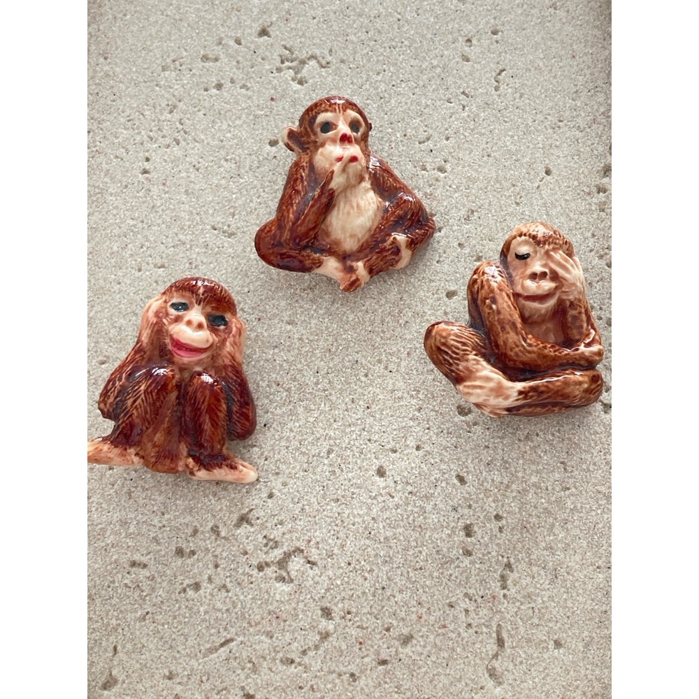Vintage Monkey Brooches Set Of 3 See Hear Speak‎ No Evil Hand Painted Porcelain